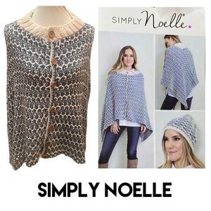 Simply Noelle Slate Blue & Cream Button Down Poncho/Shawl/Shrug-One Size
